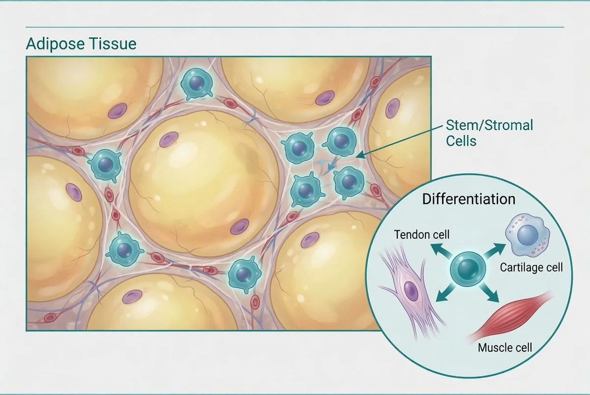 Adipose stem and stromal cells differentiating into tendon, cartilage, and muscle