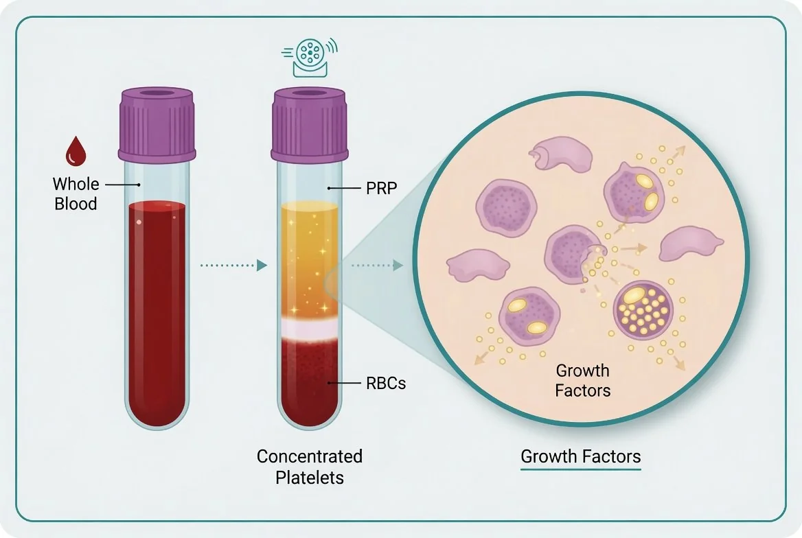 Platelet concentrate preparation showing blood separation and growth factors