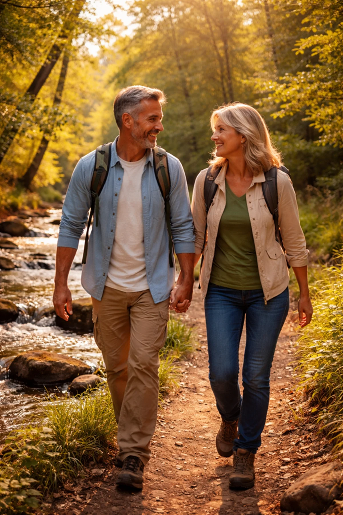 Active couple walking on a wooded trail — health and vitality